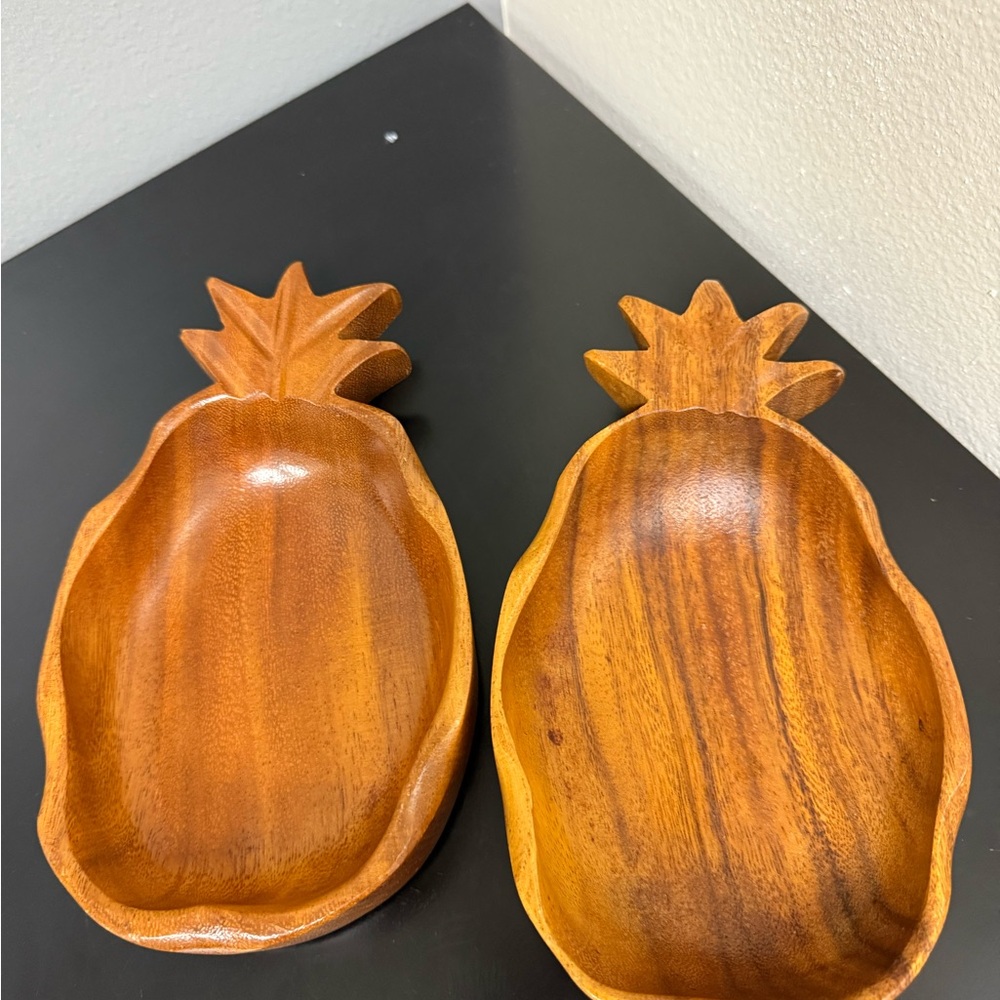 Set of 2 Solid Wooden Pineapple Shaped Bowls 9” x  5” Carved dish
